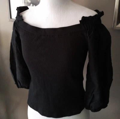 Who What Wear top black off-shoulder ribbed bodycon bodice puff sleeve S worn 2x - Image 1 of 4
