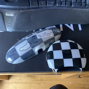 Mini R50/52/53 black & white Check Mirror With Folding Lever and rev counter - Picture 1 of 12