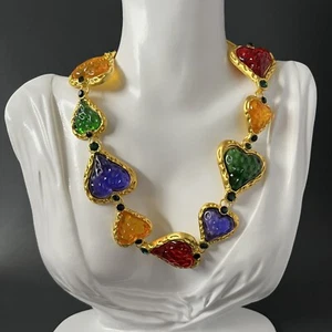 Gripoix Heart Necklace Multicolor Mogul Jewel Gold Tone Poured Resin 90s Style - Picture 1 of 9