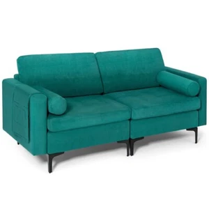 Modern Armrest Loveseat Sofa Couch Living Room w/2Bolsters & Side Storage Pocket - Picture 1 of 10
