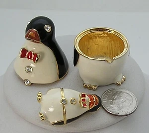 Boxed  Bob Mackie Enamel & Rhinestone Penguin Trinket Box & Pin Complete set NOS - Picture 1 of 12