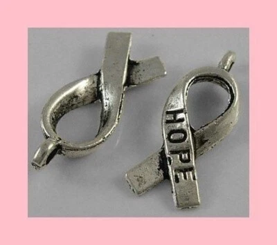 25 Tibetan Antique Silver Cancer Awareness Ribbon Charms HOPE Lead + Nickel Free - Image 1 of 2