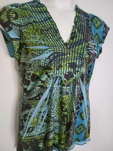 ONE WORLD Women's Small Studded V Neck Stretch Short Sleeve Tunic Blue Green Top - Picture 1 of 6