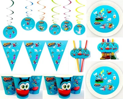Oggy  and the Cockroaches Birthday Banner Cups Swirl Blowers Straws Plates 7" - Image 1 of 4
