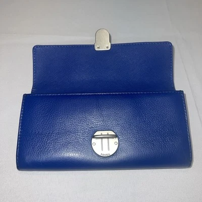 Cartera Continente Larga FOSSIL Azul Real Cuero Guijarro Solapa Pushlock Foto 1 de 4