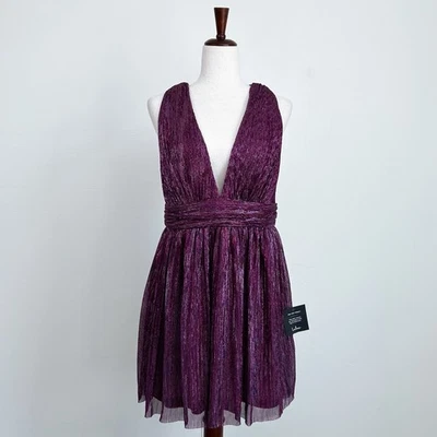 Lulus Ailey Magenta Crinkle Metallic Deep V Mini Dress NWT  - Image 1 of 4