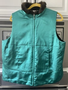 Vtg Vest Women’s 1X Faux Fur Collar Emerald Green Zip Pockets Susan Bristol-READ - Picture 1 of 21