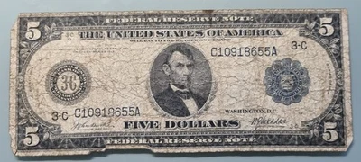 1914 Five Dollar Federal Reserve Note $5 Large Size Heavily Circulated #96241 - Image 1 of 2