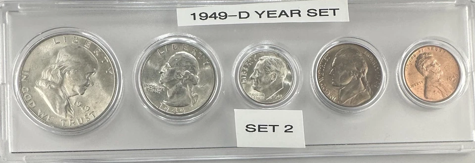 1949-D Mint 5-Coin Year Set – AU – Toned Nickel – 90% Silver – Denver Mint Set 2 - Image 1 of 4