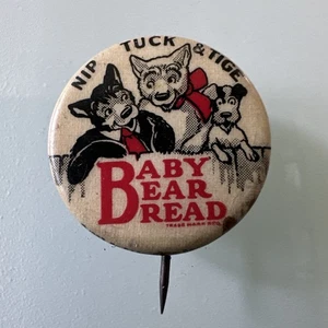 Vintage 1933 Baby Bär Brot Bäckerei Hund Pinback Pin Zelluloid Werbung Button - Bild 1 von 5