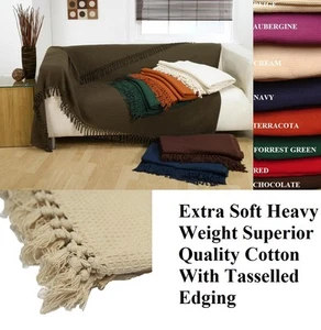 100% Cotton HONEYCOMB WAFFLE SOFA SETTEE BED THROW With Tasselled Edging - Picture 1 of 12