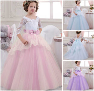 New Long Bridesmaid Wedding Girls Dress Lace Gown Princess Party Kids Clothes