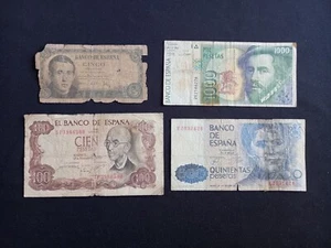 SPAIN 5 (1951) + 100 (1970) + 500 (1979) + 1000 (1992) PESETAS Banknotes - Picture 1 of 2