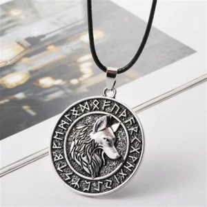 Vintage Men Norse Animal Viking Runes Wolf Head Pendant Necklace Amulet Jewelry - Picture 1 of 5