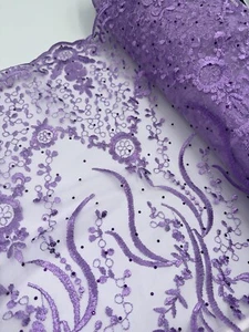 1 mtr lila bestickt Nieten überbacken Braut Tüll Netz Stoff 52" breit - Bild 1 von 4