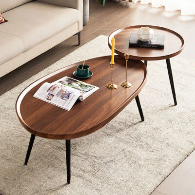 2PCS Mid-Century Coffee Table Set Solid Wood Nesting Tables Accent Droplet Shape - Image 1 of 4