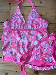 Justice Girls Swimsuit Tankini Halter Top bathing suit Hot pink Ruffles sz 14 - Picture 1 of 11