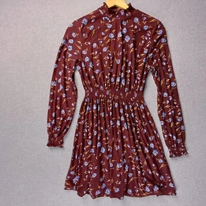 QED London Dress Womens 14 Red Floral Smocked High Neck Boho Cottage Romantic - Picture 1 of 14