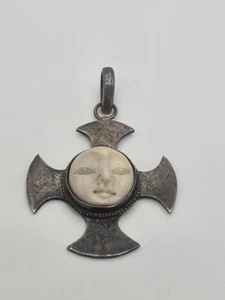 Vintage Sterling Silber Malteserkreuz geschnitzt Mondgesicht Anhänger - Bild 1 von 12