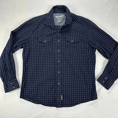 Camisa Wrangler Retro Para Hombres A Cuadros Abotonada Manga Larga Azul Marino Algodón XL Occidental Foto 1 de 4