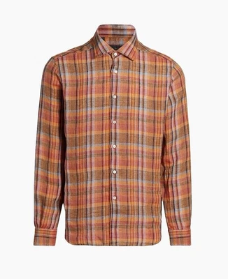 Camisa abotonada Saks Fifth Avenue para hombre talla mediana 100 % lino naranja a cuadros Foto 1 de 4