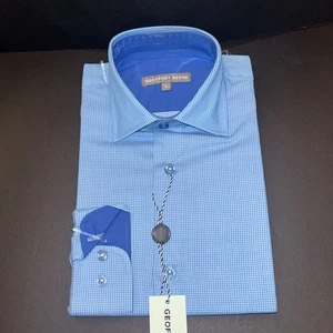 Geoffrey Beene Size 7 Boys Long Sleeve Dress Shirt Blue Navy Gingham New - Picture 1 of 5