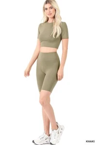 2 PC Zenana Biker Short Set + Crop Top Matching Set Outfit Sz S Khaki BUTTERY - Picture 1 of 3