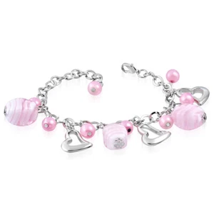 Pink Bracelet with Pearls Marbled Beads and Heart Charms * Gift Box included - Picture 1 of 2