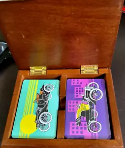 Vintage 1986 2 decks PLAYING CARDS in lidded wooden box w/ ANTIQUE CARS unopened - Picture 1 of 8