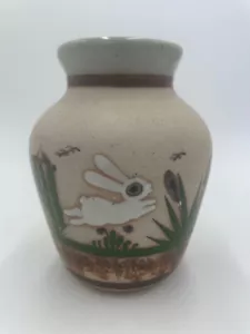 Vintage Tonala mexikanische Volkskunst Keramik Vase mit weißem Kaninchen 5 1/2" - Bild 1 von 7