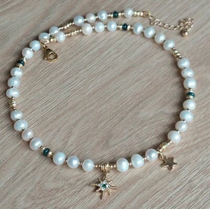 ✨balirena HALSKETTE SÜSSWASSER-PERLEN TURMALIN dunkelgrün ANHÄNGER STERN 24KGold - Bild 1 von 12