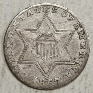 1857 Three Cent Silver, Type 2, Extremely Fine+, Grubby Original Coin 0113-01 - Picture 1 of 4