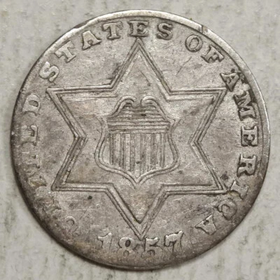 1857 Three Cent Silver, Type 2, Extremely Fine+, Grubby Original Coin  0113-01 - Image 1 of 4