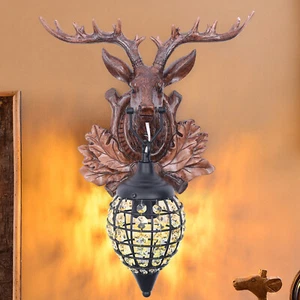 Retro Resin Antler Wall Light Fixture Vintage Deer Horn Crystal Wall Sconce Lamp - Picture 1 of 12