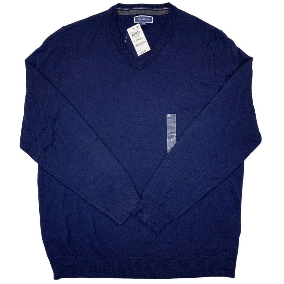 Club Room Mens Sweater Navy Blue Size Large L V-neck Solid Pullover #259