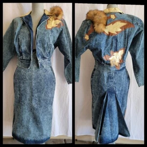 Chaqueta y falda vaquera vaquera vintage de los 80 Rodeo Western de piel sintética con detalles de cuero - Imagen 1 de 14