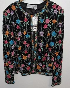 Scala Vintage bestickte Perlen Seide Jacke Damen Gr. 1X Blumenmuster mehrfarbig - Bild 1 von 8