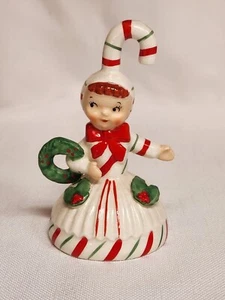 Vintage Rare Lefton Candycane Kids Ceramic Bell Girl With Wreath 90401 Christmas - Picture 1 of 8