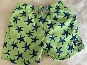 Boys Tom & Teddy Lined Swim Trunks Size 3/4 Green with Blue Starfish Mint Cond - Picture 1 of 7
