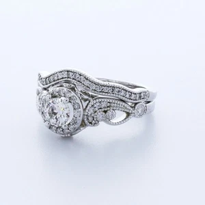 JUEGO DE ANILLOS HALO PIEDRAS LATERALES ORO BLANCO 14K CORTE REDONDO DIAMANTES LABORATORIO H/SI1 1.31CTW - Imagen 1 de 3