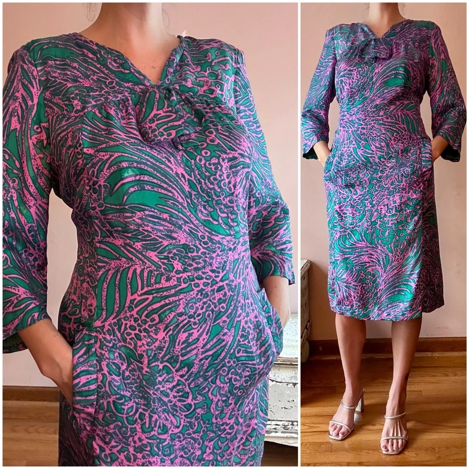 Vintage 60s Vibrant Pink Teal Silk Wiggle Secretary Career Sheath Dress XL Plus - Image 1 of 4