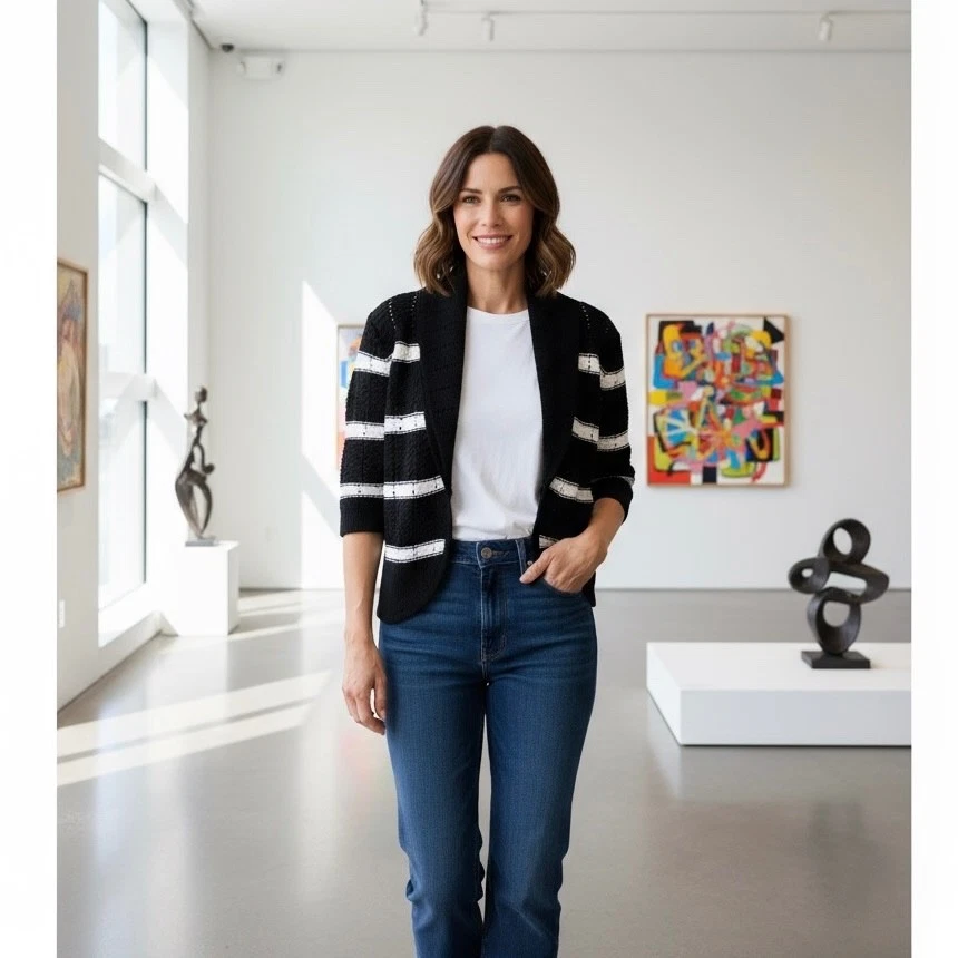 WHBM 条纹披肩开衫毛衣金属白宫黑市小号 — 第 1/4 张图片