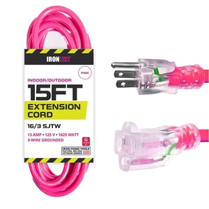 15 Ft Outdoor Extension Cord - 16/3 SJTW Durable Pink Cable - Picture 1 of 7