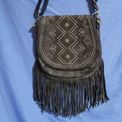 Western Black Faux Leather Beaded Fringe Crossbody Shoulder Bag - Image 1 of 4
