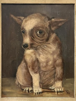 🔥 Pintura al óleo retrato cachorro perro taco chihua surrealista años 40 inusual vintage Foto 1 de 4