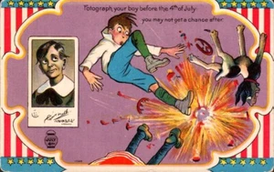 Postcard 4th of July Boy and Dog Explosion Exploding Firecracker UNP - Picture 1 of 2