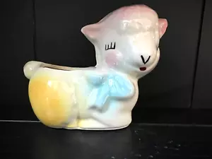 Vtg Small Ceramic Planter Precious Bashful Lamb White, Pink, Yellow & Blue - Picture 1 of 10