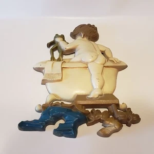 Vtg 1970's cast iron BATH TIME NAKED BOY & Frog Toad stepping in tub hanging - Picture 1 of 10