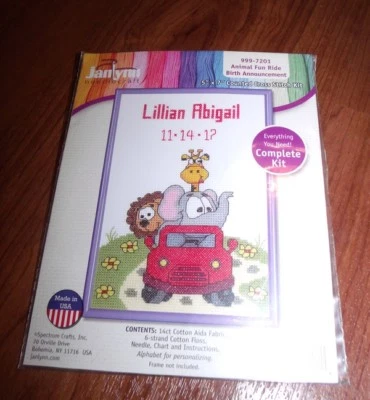 Janlynn ANIMAL FUN RIDE Birth Announcement Counted Cross Stitch Kit 5" x 7"  - Image 1 of 3