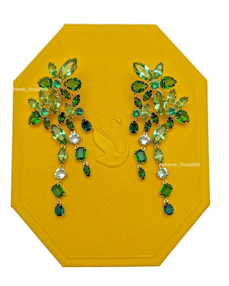 Swarovski Gema Green Crystal Flower Clip on Chandelier Earrings in Gold Tone